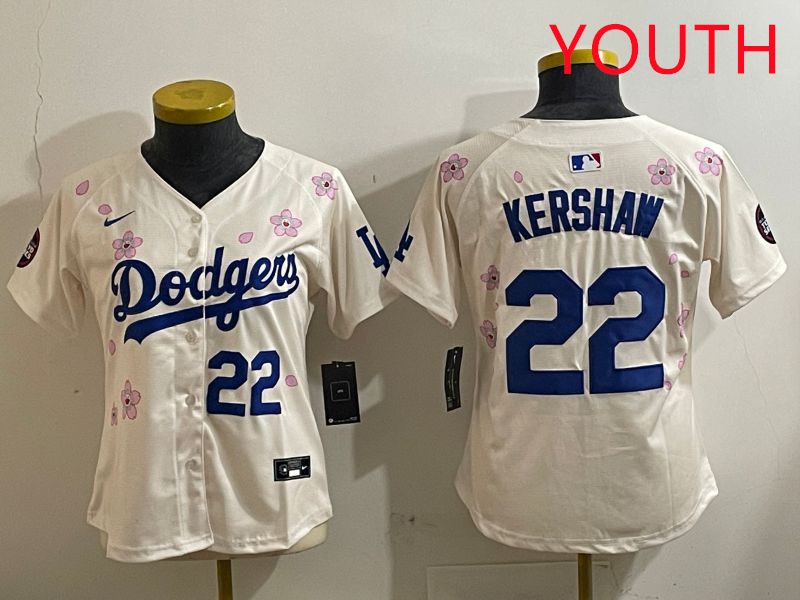 Youth Los Angeles Dodgers #22 Kershaw Cream Sakura Edition 2025 Nike MLB Jersey style 3